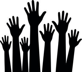 Vector illustration of several black silhouette hands raised upwards against a white background space art