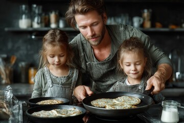 Happy father and daughter cooking pancakes together in a bright kitchen filled with warm morning sunlight.
