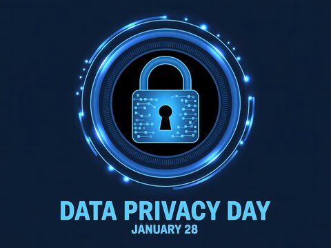 Digital padlock symbolizing data privacy day celebration on january 26th with blue glowing effects