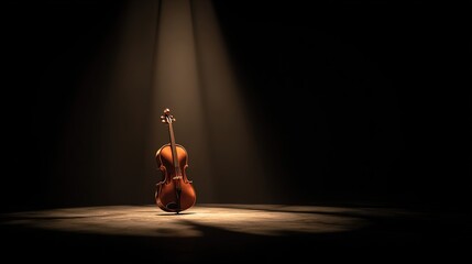stasis. A single violin on a dark stage under a spotlight, showing wood grain. event programs, museum guides, designed for cultural heritage projects and event programs, supports education.
