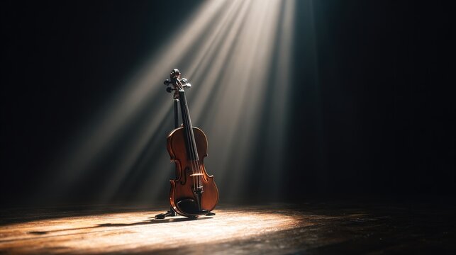 stasis. A single violin on a dark stage under a spotlight, showing wood grain. event programs, museum guides, designed for cultural heritage projects and event programs, supports education.
