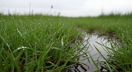 Close-up of Dew Drops on Green Grass Blades with a Puddle