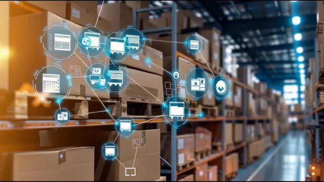 Modern digital icons enhance warehouse storage, logistics, and inventory management systems, showcasing innovative supply chain technology, efficient delivery processes, and automated shipping - Powered by Adobe