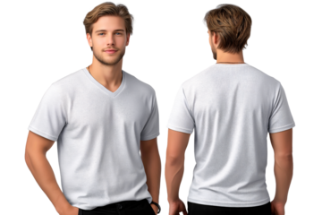 Male T-shirt Fashion Front and back views of a handsome man in a simple yet stylish V-neck t-shirt, perfect for showcasing fashion, style, and apparel. 