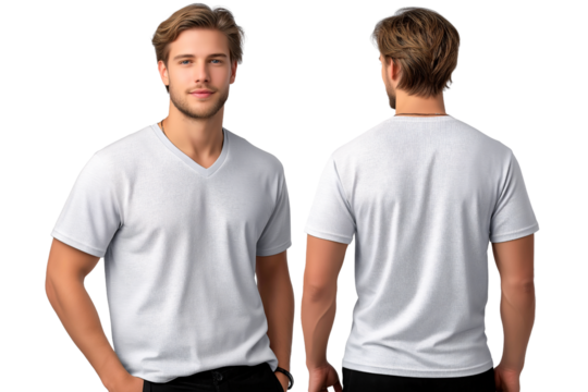Male T-shirt Fashion Front and back views of a handsome man in a simple yet stylish V-neck t-shirt, perfect for showcasing fashion, style, and apparel. 
