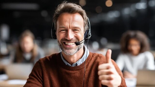 Customer Support Representative: An attentive customer support representative, sporting a headset and a warm smile, offers a thumbs-up.