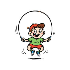 Naklejka premium Happy cartoon boy jumping rope with big smile, isolated on transparent