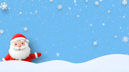 Santa Claus standing on blue background, snowflakes falling on the ground. Happy holiday cartoon illustration of Santa Claus