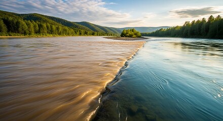 Confluence of Two Rivers: Muddy and Clear Waters Meet in Nature