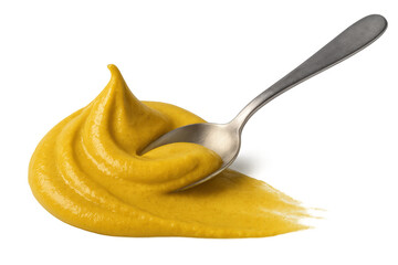Yellow mustard sauce spreading with a metal spoon, fresh condiment swirl, isolated on a transparent background