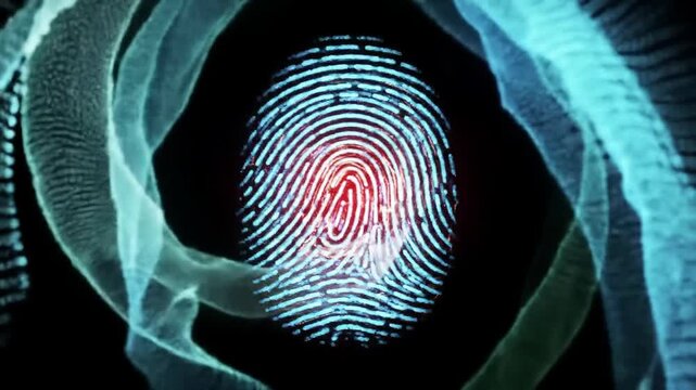 Glowing cyan fingerprint with red center surrounded by smoky, wavy forms on black background