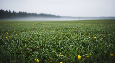 Dew-kissed Meadow with Wildflowers and Misty Forest Horizon