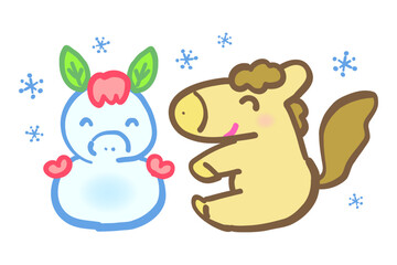 年賀状素材：雪降る中で、かわいい馬が、馬の形の雪だるまを作るカットイラスト。New Year's card material: A cartoon of a cute horse making a horse-shaped snowman in the snow.