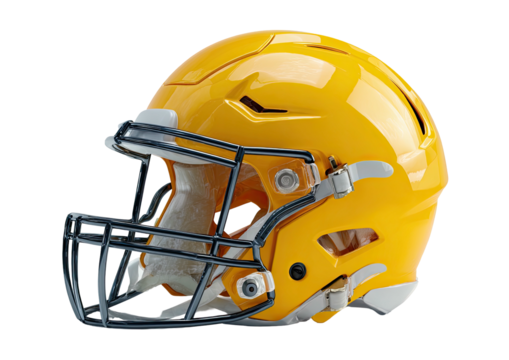 Glossy gold football helmet with gray face mask on black