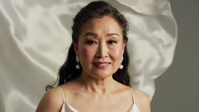 Elegant, smiling Asian woman with pearl earrings against a soft, draped background, wearing a white strappy top