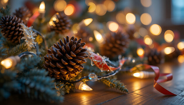 Festive christmas decoration with pine cones lights and red ribbon on a wooden surface creating warmth - Powered by Adobe