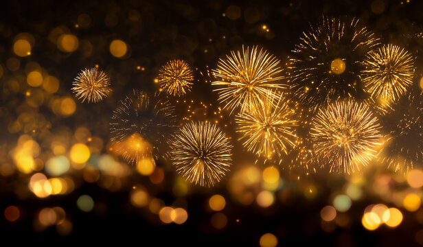 Spectacular golden fireworks illuminate the night sky, perfect for festive celebrations and New Year's Eve designs, creating a magical and exciting atmosphere - Powered by Adobe