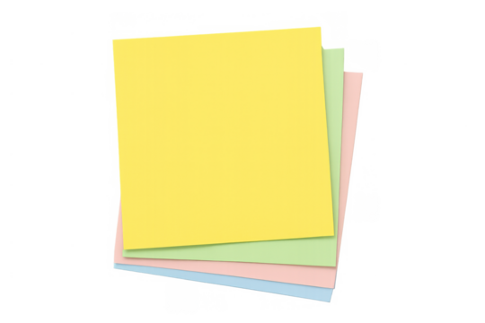 Stack of colorful blank sticky notes on transparent background, ideal for reminders, messages, and office work