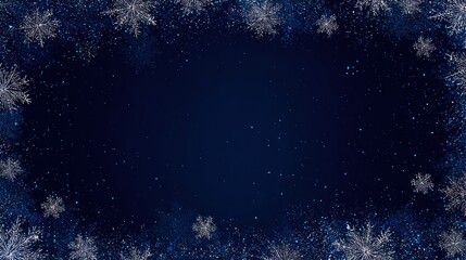 A serene winter background featuring a dark blue canvas adorned with intricate white snowflakes, creating a festive and tranquil atmosphere.