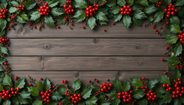Festive christmas holly and berries frame on rustic wood background for holiday season greetings card