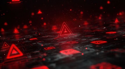 A digital landscape featuring glowing red warning signs and symbols against a dark background, evoking a sense of urgency and alertness.