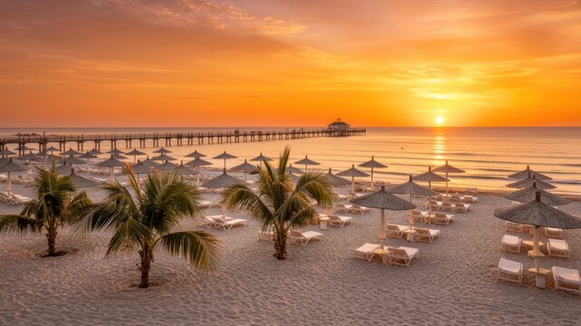 Aerial view of beach with palm trees umbrellas and pier at sunset with orange sky and calm ocean - Powered by Adobe