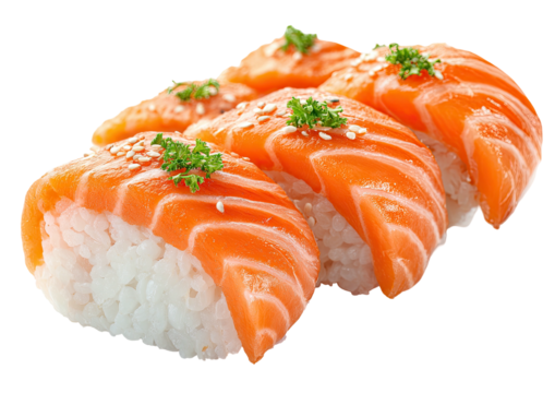 Salmon nigiri sushi lined up, topped with herbs & sesame seeds