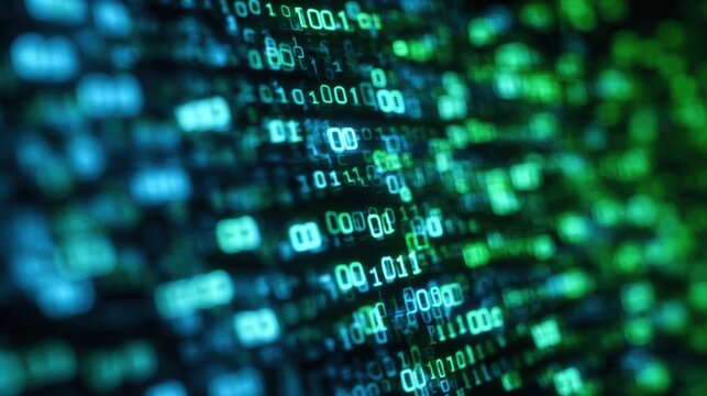 A vibrant display of binary code in shades of blue and green, representing digital data and technology.