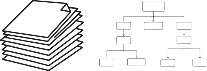Stack of Papers and Flowchart Diagram on White
