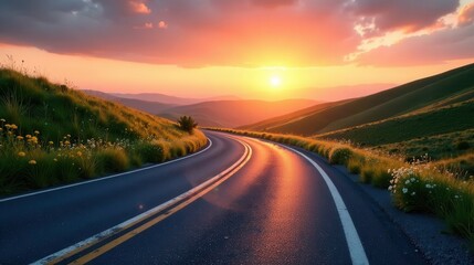 Fototapeta premium Asphalt ribbon unwinding through a picturesque landscape, bathed in the warm glow of a setting sun, along rolling hills dotted with wildflowers