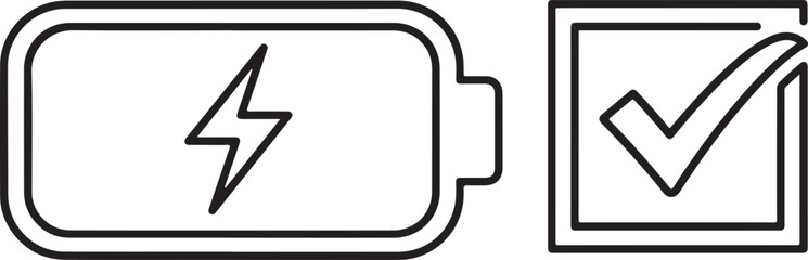 Outline Battery Icon with Lightning Symbol and Checkmark in Square