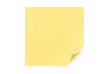 Blank yellow sticky note with curled corner for reminders, planning, and task management on transparent background