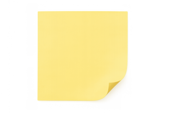 Blank yellow sticky note with curled corner for reminders, planning, and task management on transparent background