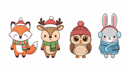 Fototapeta premium Cute cartoon winter animals dressed in festive attire for the holiday season