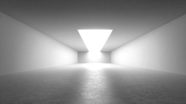 A minimalist interior space with stark white walls and a triangular skylight creating a bright focal point.