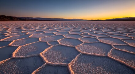 Fototapeta premium Hexagonal Salt Flats Under a Golden Sunset Sky in a Desert Landscape