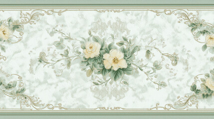 A carpet-style wallpaper design featuring green floral patterns with light grey borders and presents delicate vine motifs along the edges and an elegant light green patterned frame at the center
