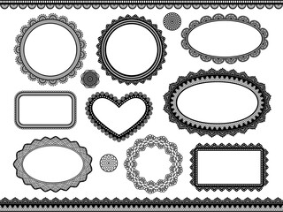 レースのモノクロフレームセット／円、四角、ハートの形