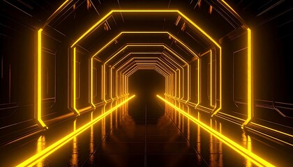 A futuristic tunnel with an octagonal design, illuminated by bright orange neon lights, leading into the darkness
