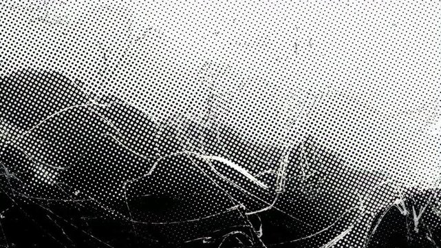 Changing halftone dot pattern creating an abstract dark wave with white distressed texture across a black field, motion graphic footage.