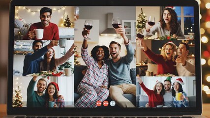 Group of people celebrating Holidays with video call. Friends having virtual party on computer. Festive online gathering, video conference. - Powered by Adobe