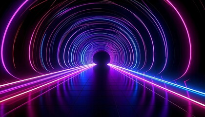 A futuristic tunnel with vibrant neon lighting curves towards a bright opening. The glossy floor reflects the hues
