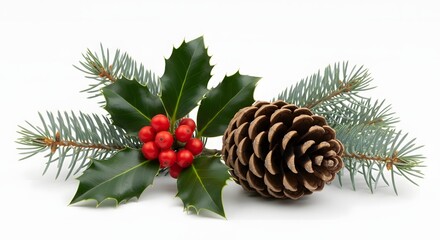 Festive christmas arrangement of pine cone holly berries and evergreen branches on white background