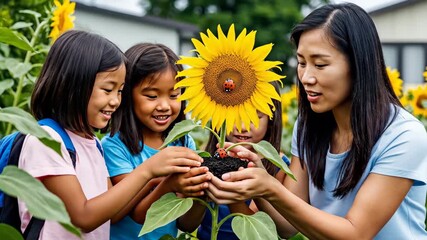 Diverse group of people planting trees, electric car charging, kid and man holding seedling for environmental protection video