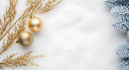 Elegant gold christmas ornaments and silver tinsel on a white background with copy space