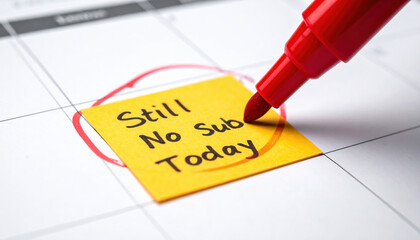 Frustration over labor market shortages with still no sub today message on sticky note. calendar reminder highlights ongoing problem and critical staffing issue