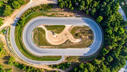 Aerial view of a race track curving through green foliage
