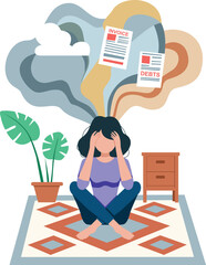 Woman Overwhelmed by Anxiety and Financial Stress Illustration