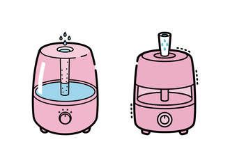 Set of two pink ultrasonic humidifiers with visible water tanks, representing home comfort, air quality, health, and modern household technology appliances