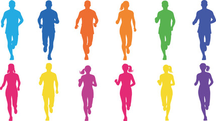 Diverse group of male and female runners in bright solid color silhouettes on white background